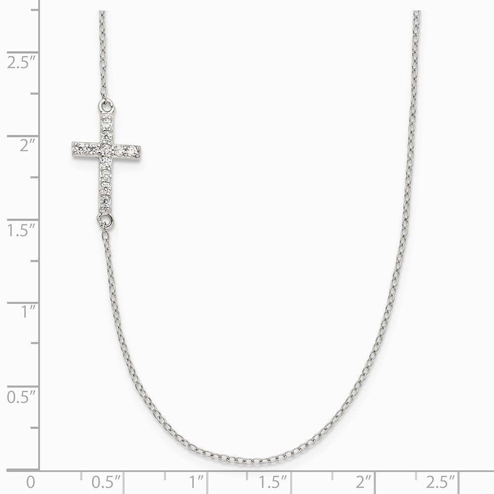 Sterling Silver Rhodium-pltd CZ Offset Sideways Cross with 2in Ext Necklace - Product Photo
