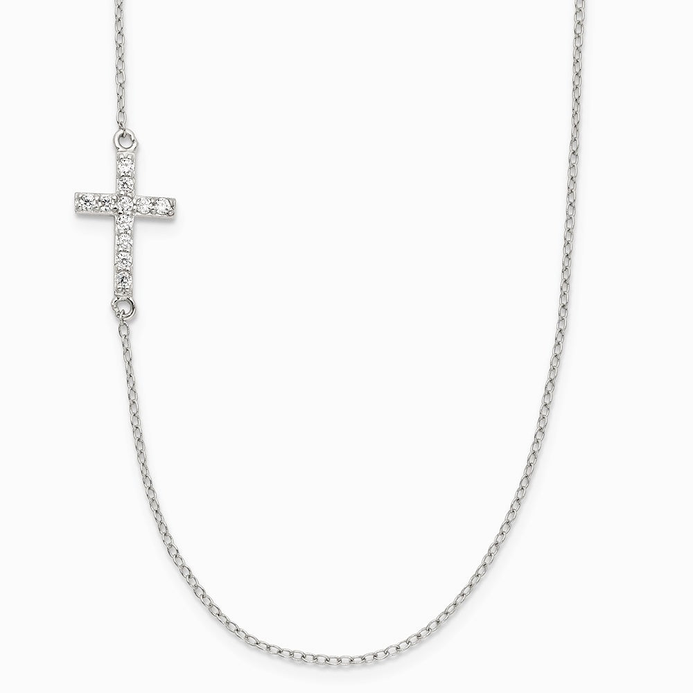 Sterling Silver Rhodium-pltd CZ Offset Sideways Cross with 2in Ext Necklace - Product Photo