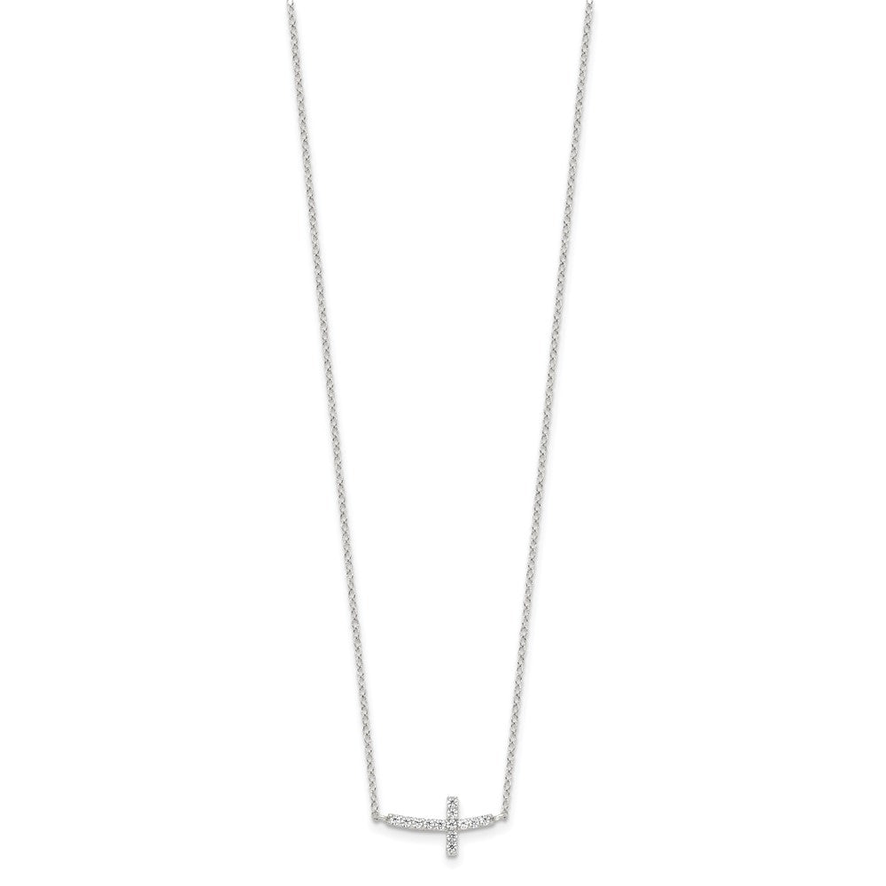 Sterling Silver Rhodium-plated CZ Sideways Cross with 2in Ext Necklace - Product Photo