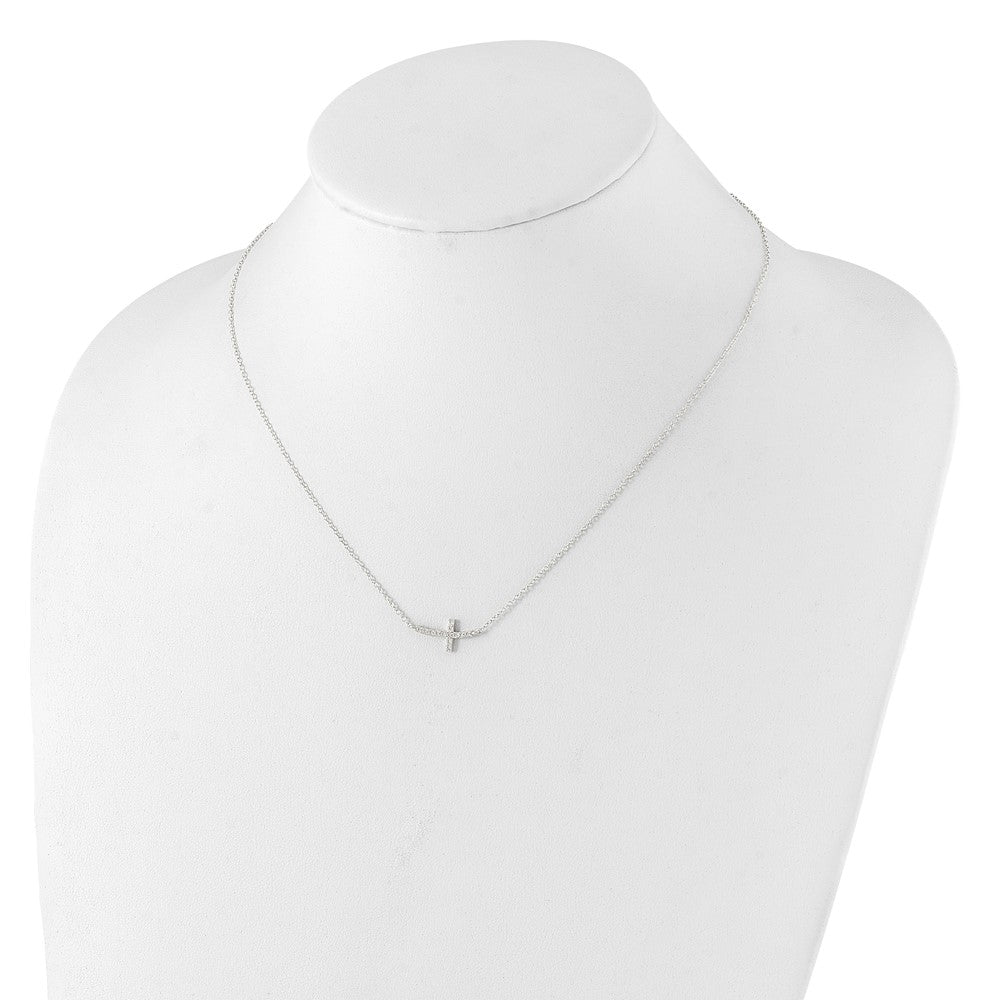 Sterling Silver Rhodium-plated CZ Sideways Cross with 2in Ext Necklace - Product Photo