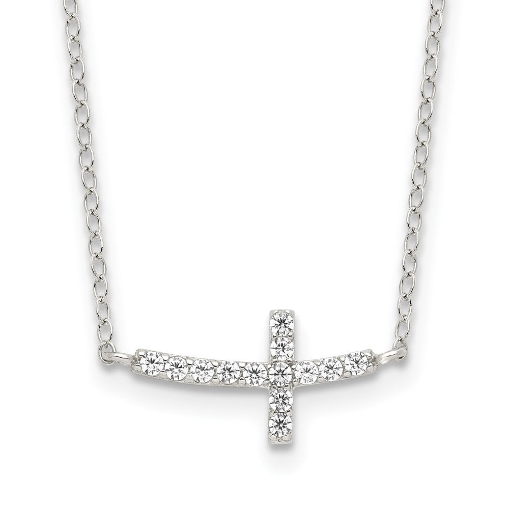 Sterling Silver Rhodium-plated CZ Sideways Cross with 2in Ext Necklace - Product Photo