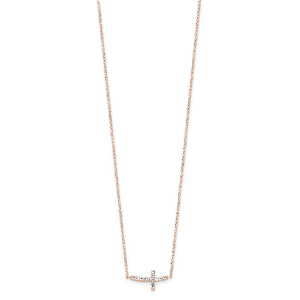Sterling Silver Rose Gold-plated CZ Sideways Cross with 2in Ext Necklace - Product Photo