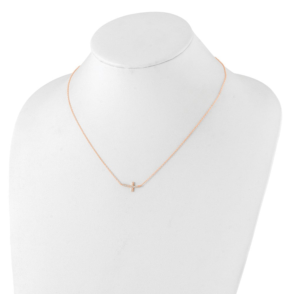 Sterling Silver Rose Gold-plated CZ Sideways Cross with 2in Ext Necklace - Product Photo