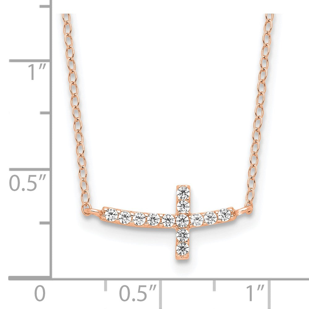 Sterling Silver Rose Gold-plated CZ Sideways Cross with 2in Ext Necklace - Product Photo
