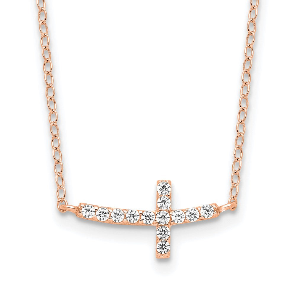 Sterling Silver Rose Gold-plated CZ Sideways Cross with 2in Ext Necklace - Product Photo