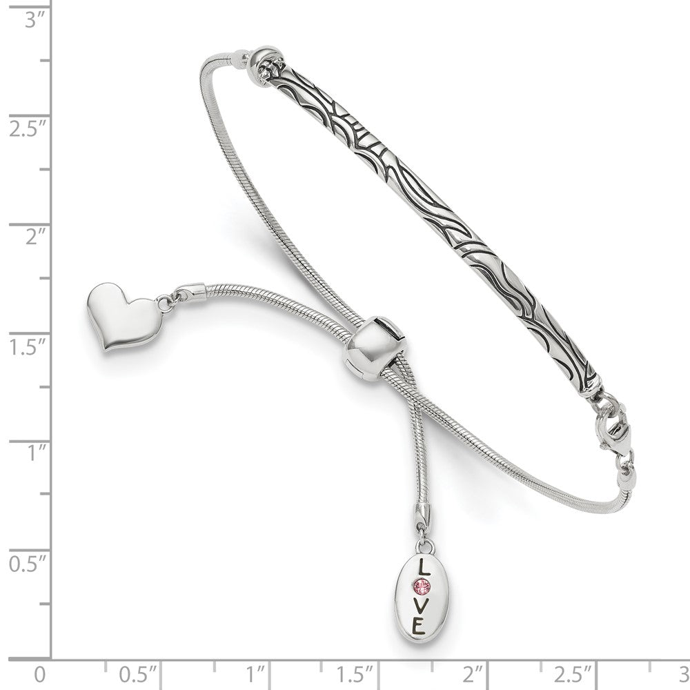 Sterling Silver Antiqued Reflections Crystal Love Heart Adjust Bracelet - Product Photo
