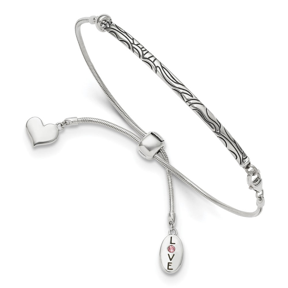 Sterling Silver Antiqued Reflections Crystal Love Heart Adjust Bracelet - Product Photo