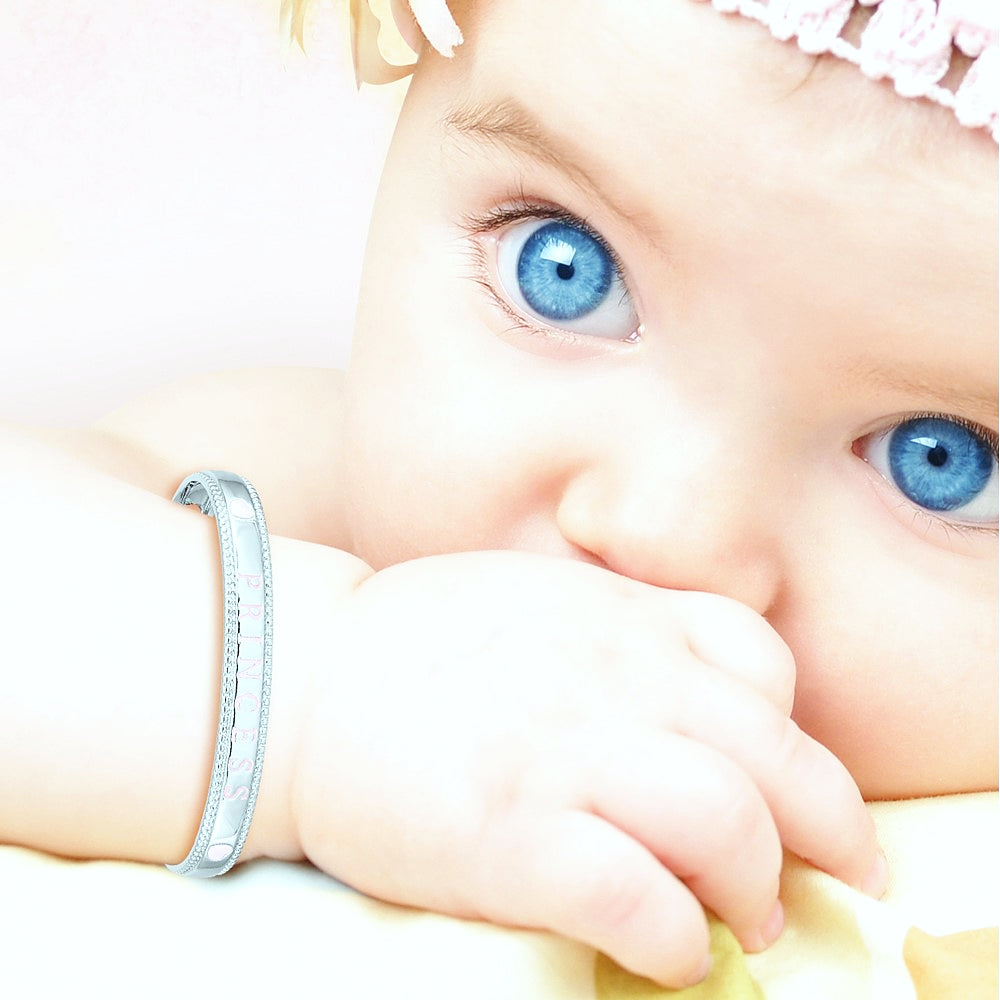 Sterling Silver RH-plated Enamel & Crystal PRINCESS with Chain Baby Bangle - Product Photo