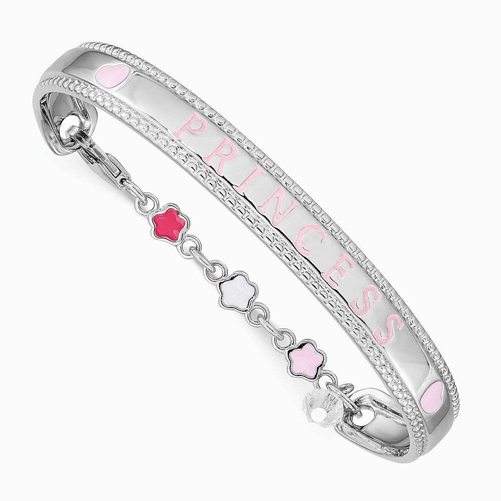 Sterling Silver RH-plated Enamel & Crystal PRINCESS with Chain Baby Bangle - Product Photo