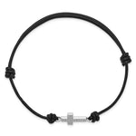 Sterling Silver Rhodium-plated CZ Cross Black Leather Adjustable Bracelet - Product Photo