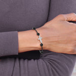 Sterling Silver Rhodium-plated CZ Cross Black Leather Adjustable Bracelet - Product Photo