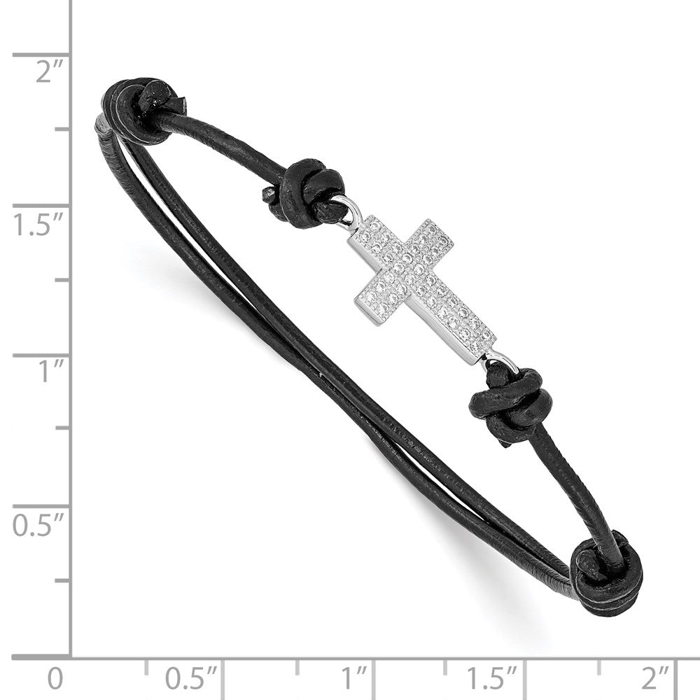 Sterling Silver Rhodium-plated CZ Cross Black Leather Adjustable Bracelet - Product Photo