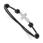 Sterling Silver Rhodium-plated CZ Cross Black Leather Adjustable Bracelet - Product Photo