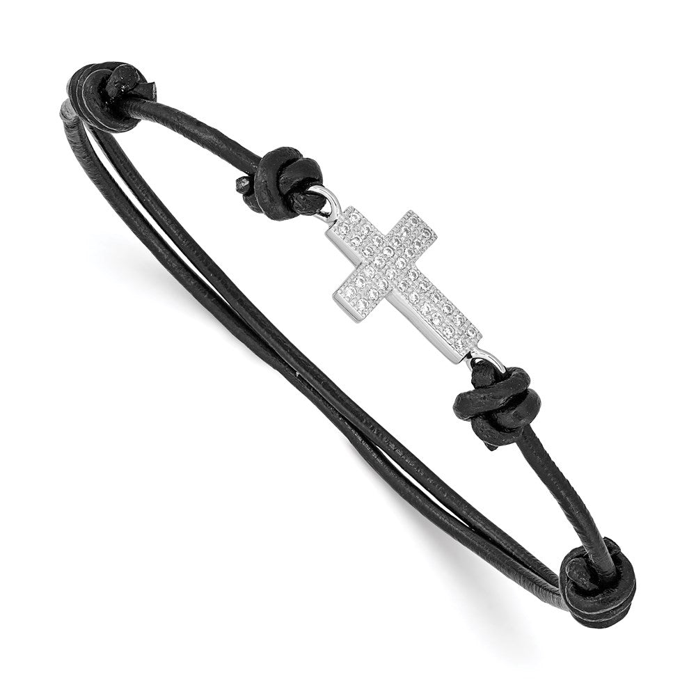 Sterling Silver Rhodium-plated CZ Cross Black Leather Adjustable Bracelet - Product Photo