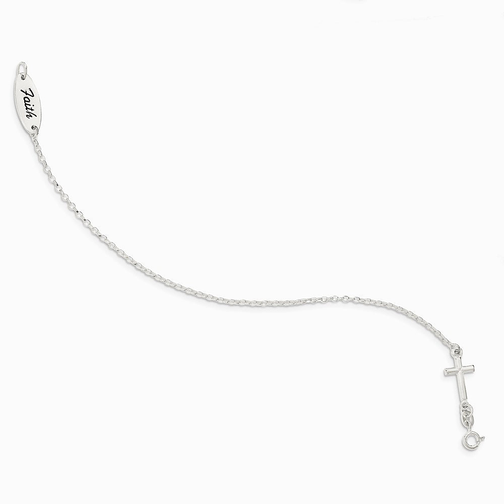 Sterling Silver Polished Enamel FAITH and Cross Bracelet - Product Photo