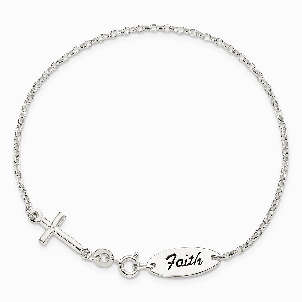 Sterling Silver Polished Enamel FAITH and Cross Bracelet - Product Photo