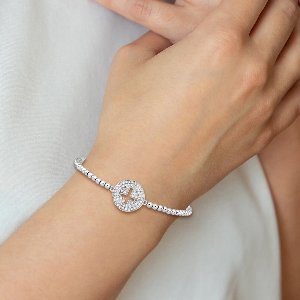 Sterling Silver Rhodium-plated CZ Cross Polished Beaded Stretch Bracelet - Product Photo
