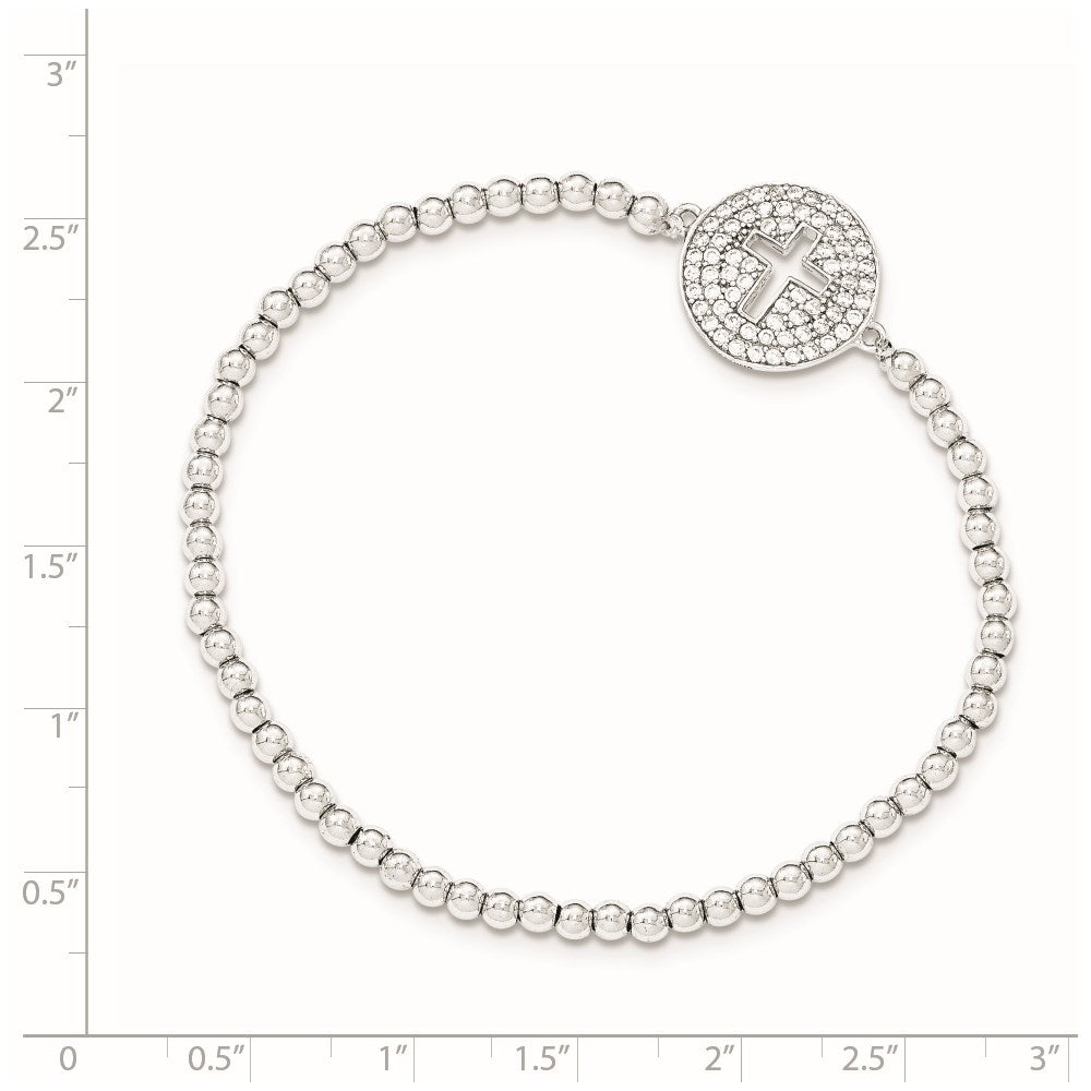Sterling Silver Rhodium-plated CZ Cross Polished Beaded Stretch Bracelet - Product Photo