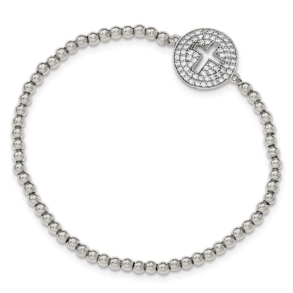 Sterling Silver Rhodium-plated CZ Cross Polished Beaded Stretch Bracelet - Product Photo