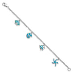 Sterling Silver Rhodium Created Opal Fish and Shells Charm Bracelet - Product Photo