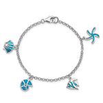 Sterling Silver Rhodium Created Opal Fish and Shells Charm Bracelet - Product Photo