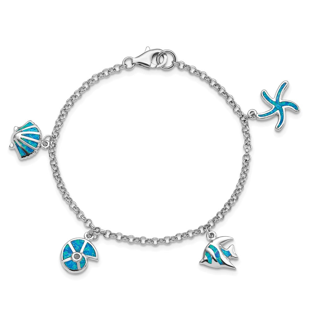 Sterling Silver Rhodium Created Opal Fish and Shells Charm Bracelet - Product Photo
