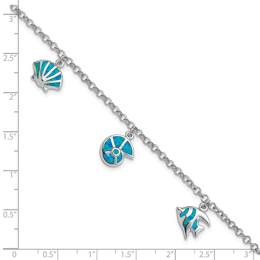Sterling Silver Rhodium Created Opal Fish and Shells Charm Bracelet - Product Photo