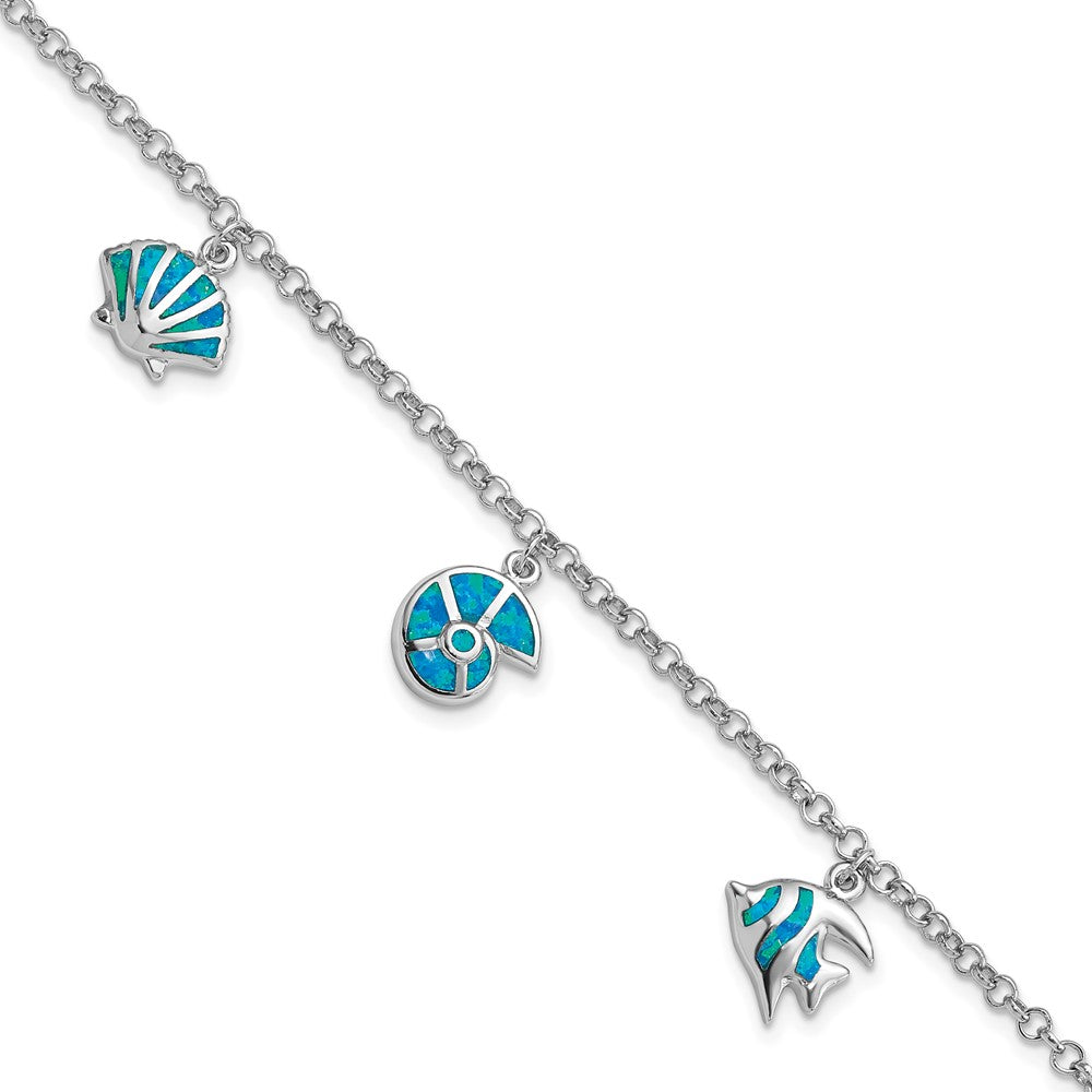 Sterling Silver Rhodium Created Opal Fish and Shells Charm Bracelet - Product Photo