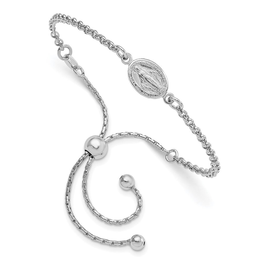 Sterling Silver Rhodium-Plate Miraculous Medal Adjustable 4-9in Bracelet - Product Photo