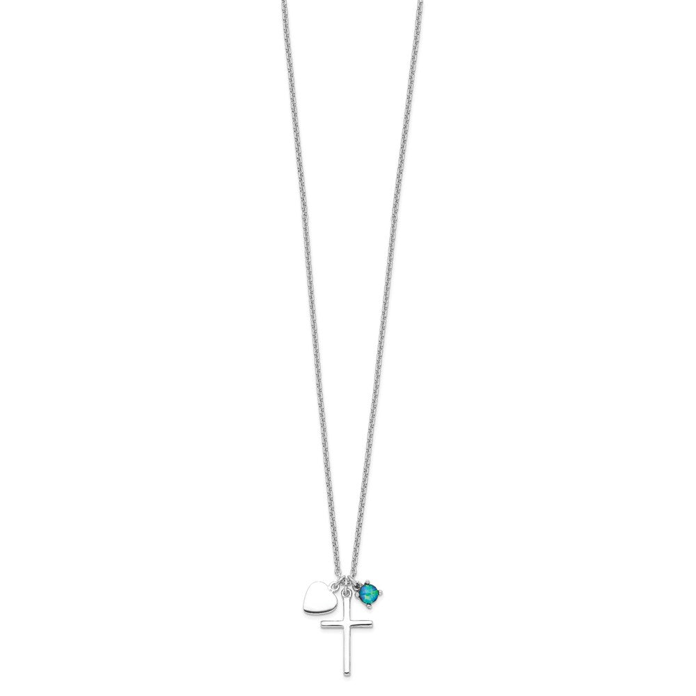 Sterling Silver Rhodium-plated Created Blue Opal Cross Necklace - Product Photo