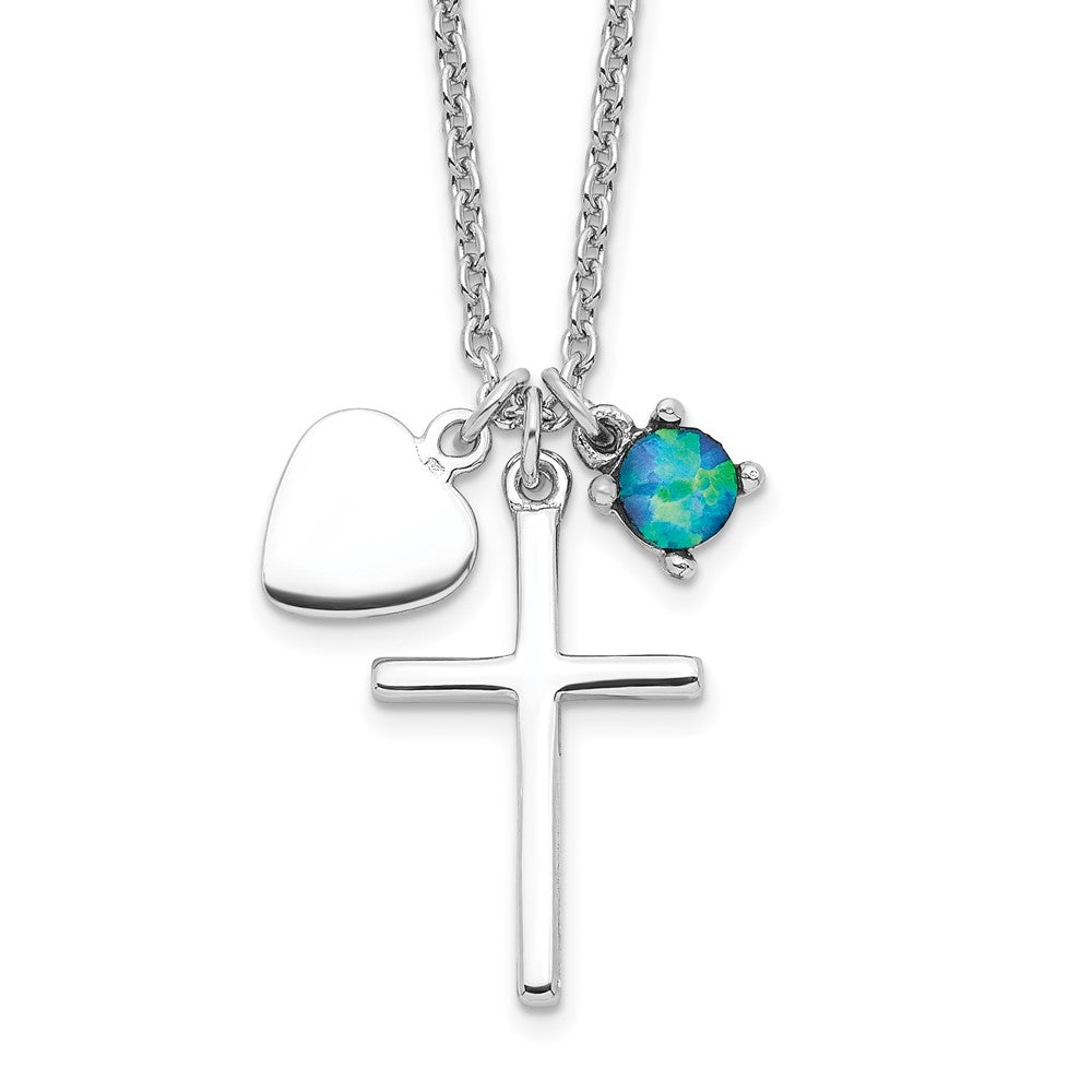 Sterling Silver Rhodium-plated Created Blue Opal Cross Necklace - Product Photo