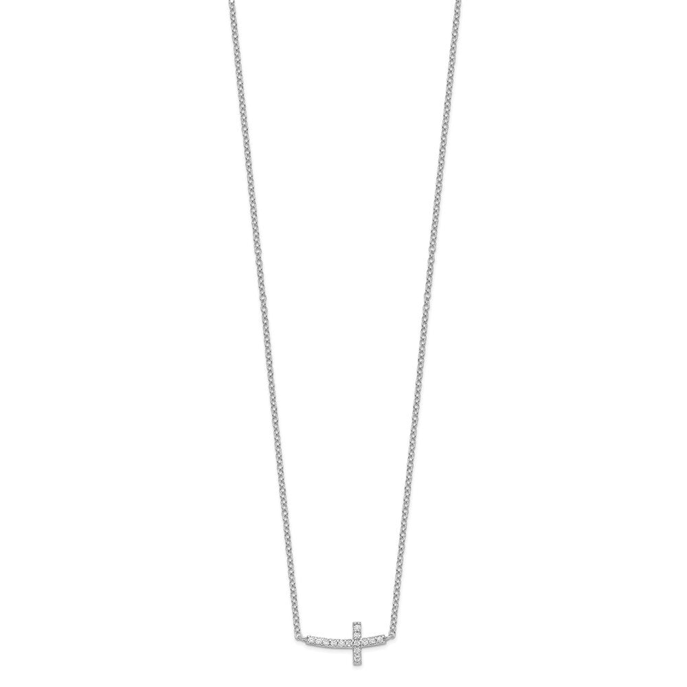 Sterling Silver Rhodium-plated CZ Sideways Cross with 2 inch ext Necklace - Product Photo