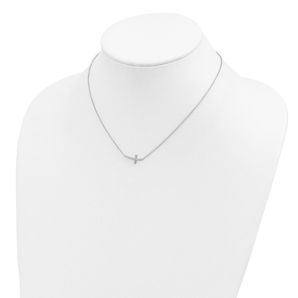 Sterling Silver Rhodium-plated CZ Sideways Cross with 2 inch ext Necklace - Product Photo