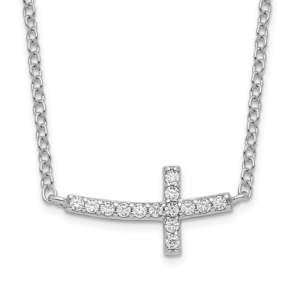 Sterling Silver Rhodium-plated CZ Sideways Cross with 2 inch ext Necklace - Product Photo