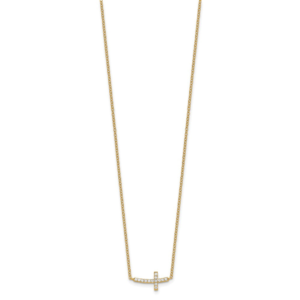 Sterling Silver Gold-tone CZ Sideways Cross w/2 inch ext Necklace - Product Photo