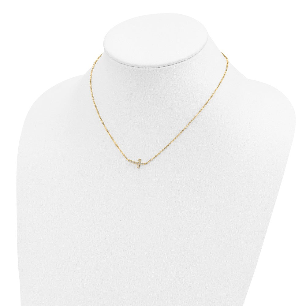 Sterling Silver Gold-tone CZ Sideways Cross w/2 inch ext Necklace - Product Photo