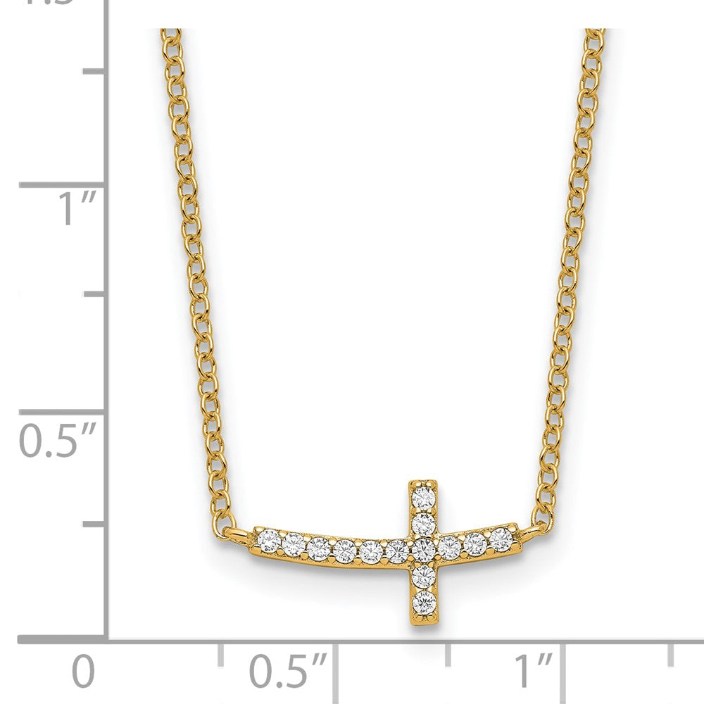 Sterling Silver Gold-tone CZ Sideways Cross w/2 inch ext Necklace - Product Photo