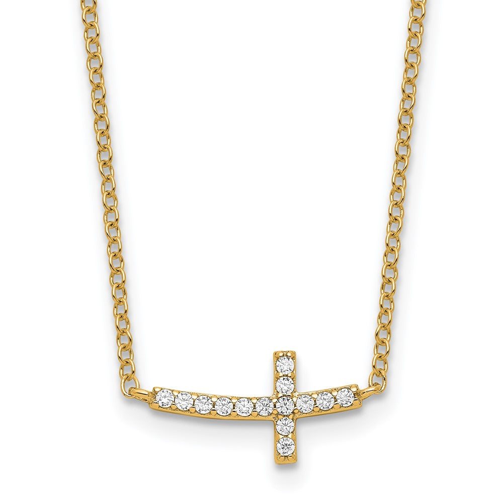 Sterling Silver Gold-tone CZ Sideways Cross w/2 inch ext Necklace - Product Photo