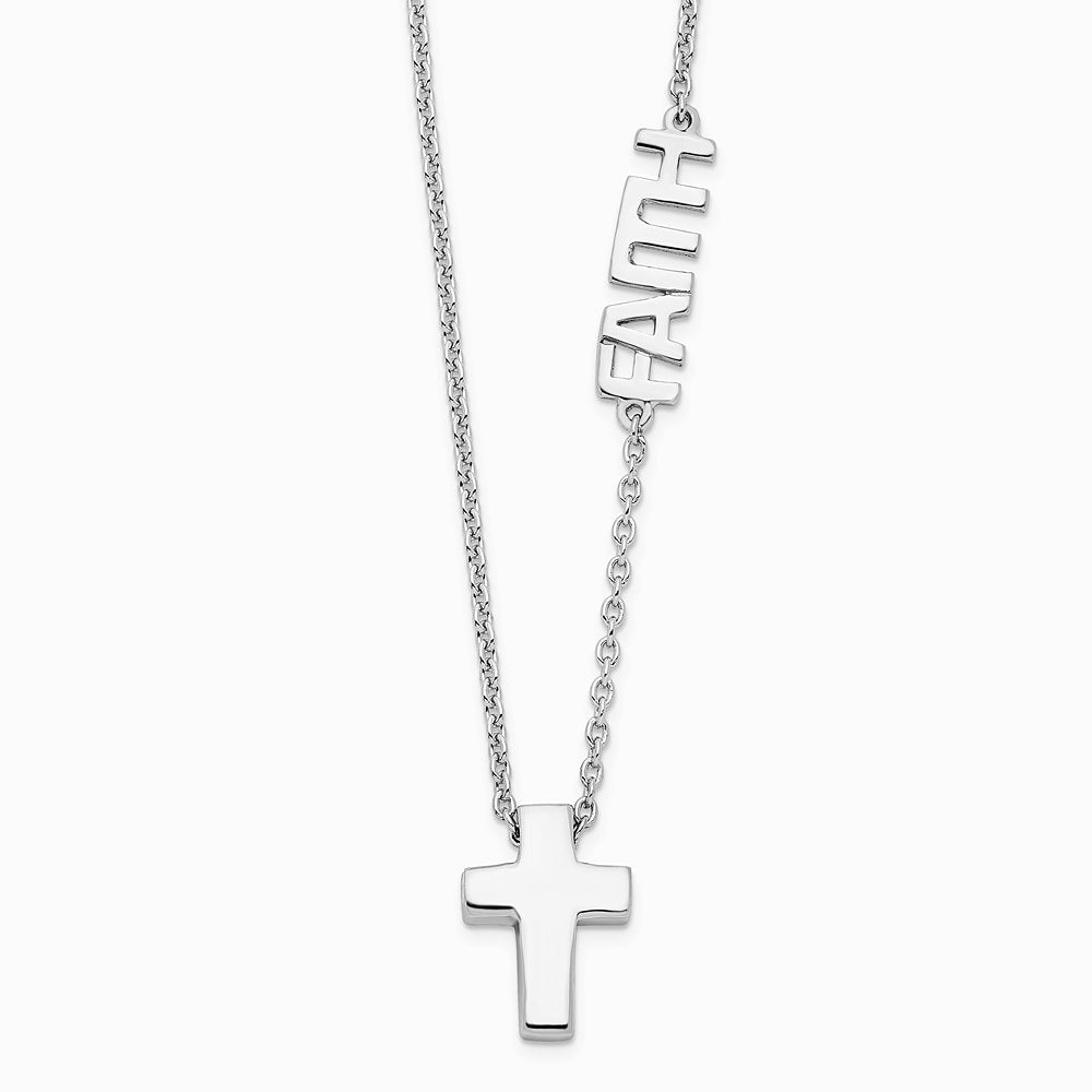 Sterling Silver Rhodium-plated FAITH with Cross Necklace