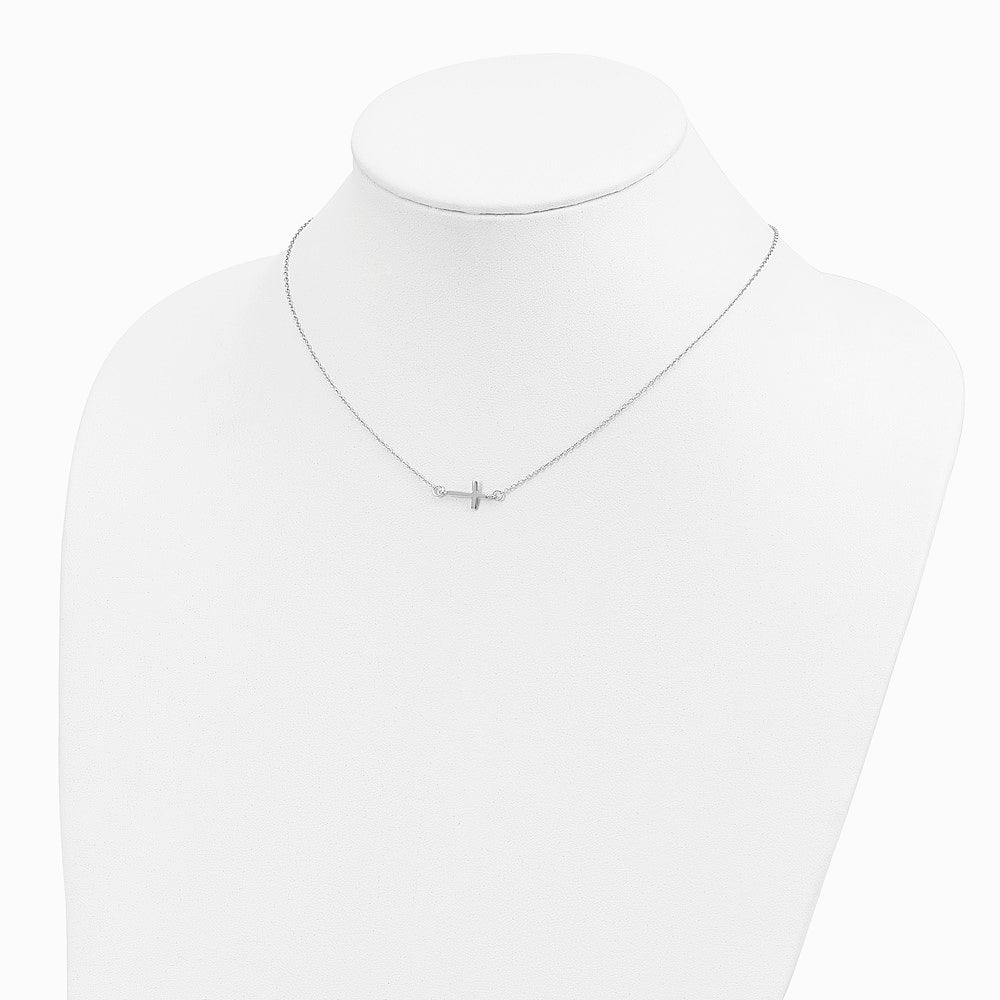 Sterling Silver Rhodium-plated w/ 2in ext. Sideways Cross Necklace - Product Photo