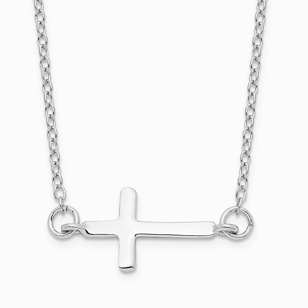 Sterling Silver Rhodium-plated w/ 2in ext. Sideways Cross Necklace