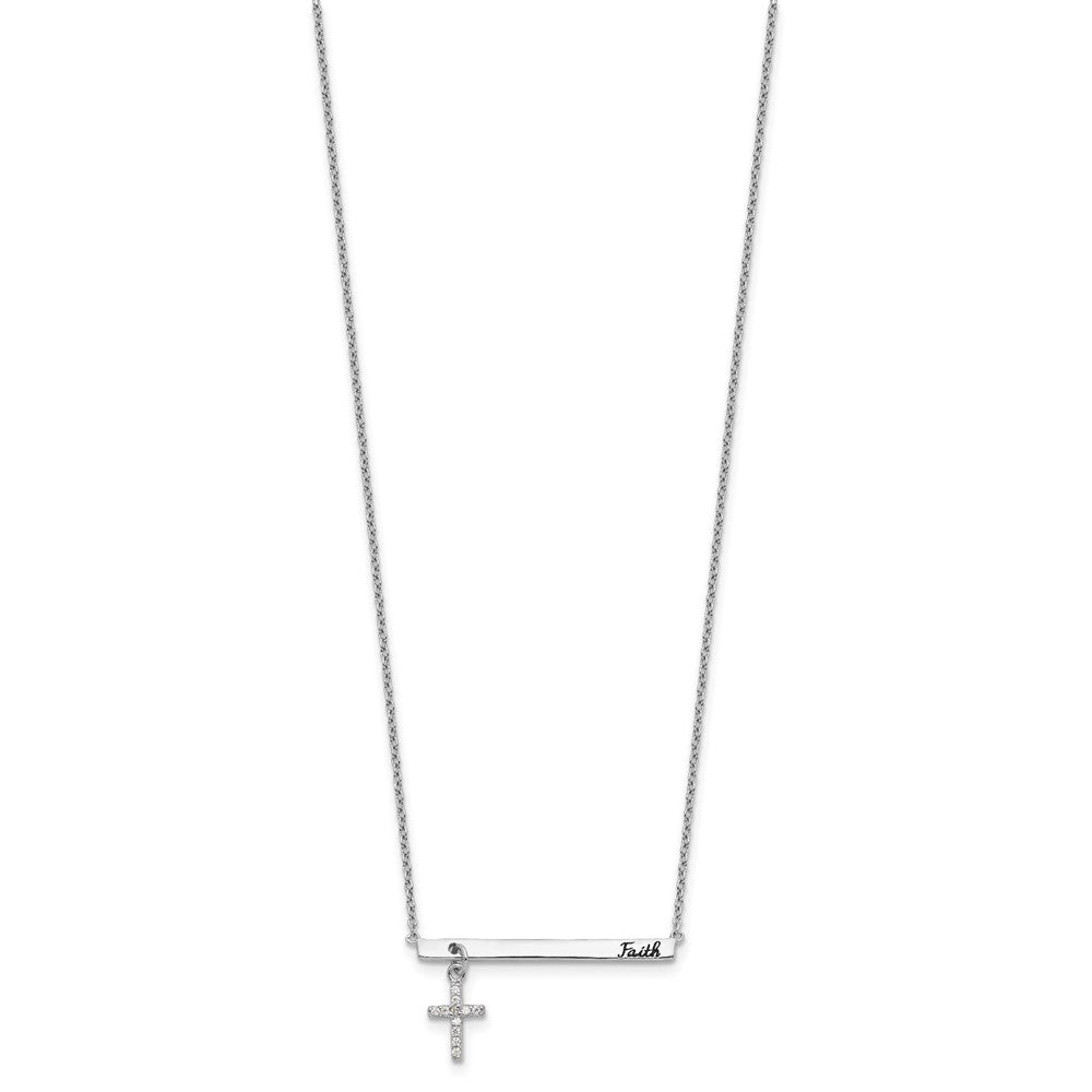 Sterling Silver RH-plated CZ Cross Enamel FAITH 16in w/2inext. Bar Necklace - Product Photo