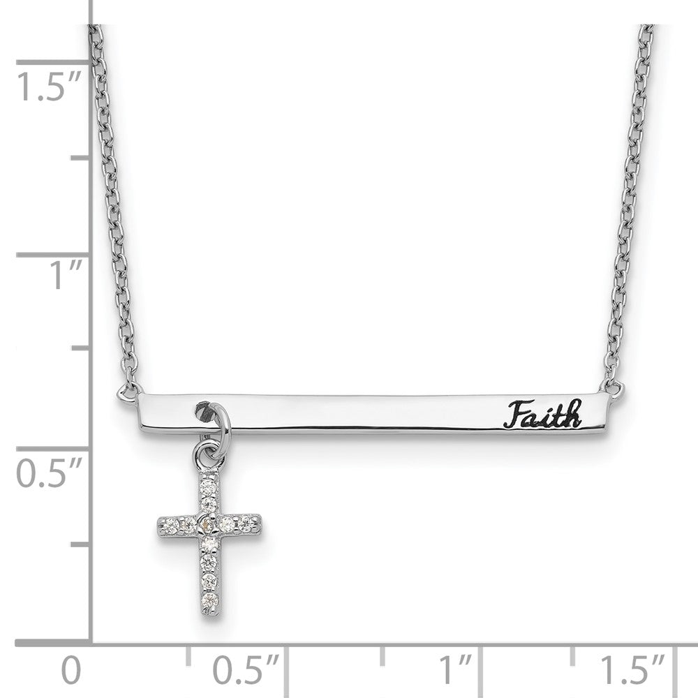 Sterling Silver RH-plated CZ Cross Enamel FAITH 16in w/2inext. Bar Necklace - Product Photo