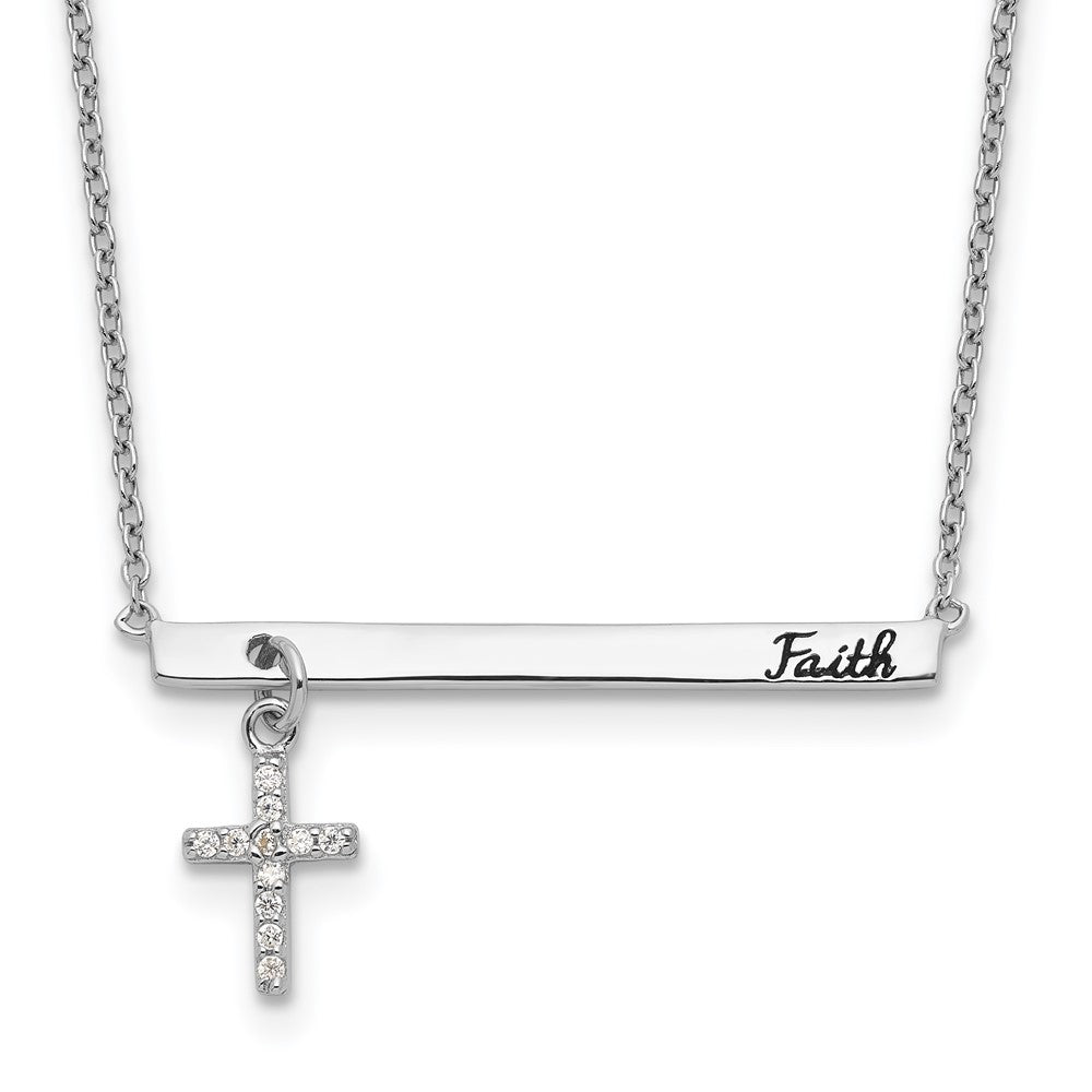 Sterling Silver RH-plated CZ Cross Enamel FAITH 16in with 2inext. Bar Necklace