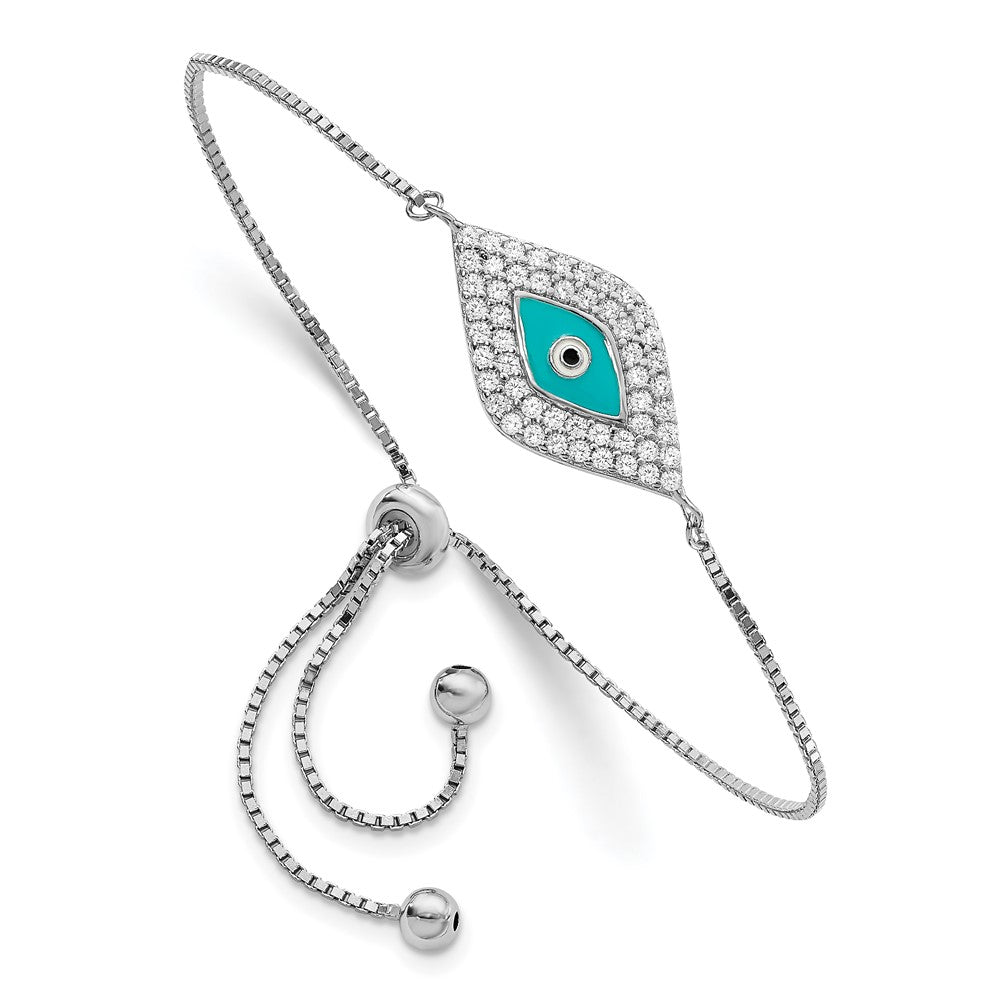 Sterling Silver Rhodium-plated CZ Blue Enamel Eye Adjustable Bracelet - Product Photo