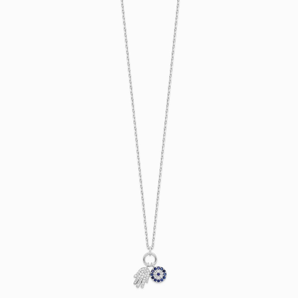 Sterling Silver Rhodium-plated CZ Eye and Hamsa Charm Necklace - Product Photo