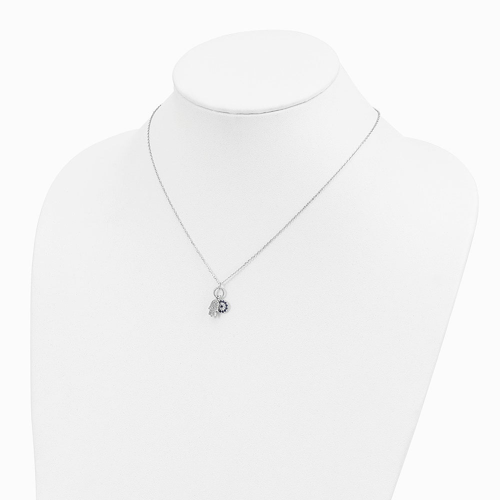 Sterling Silver Rhodium-plated CZ Eye and Hamsa Charm Necklace - Product Photo