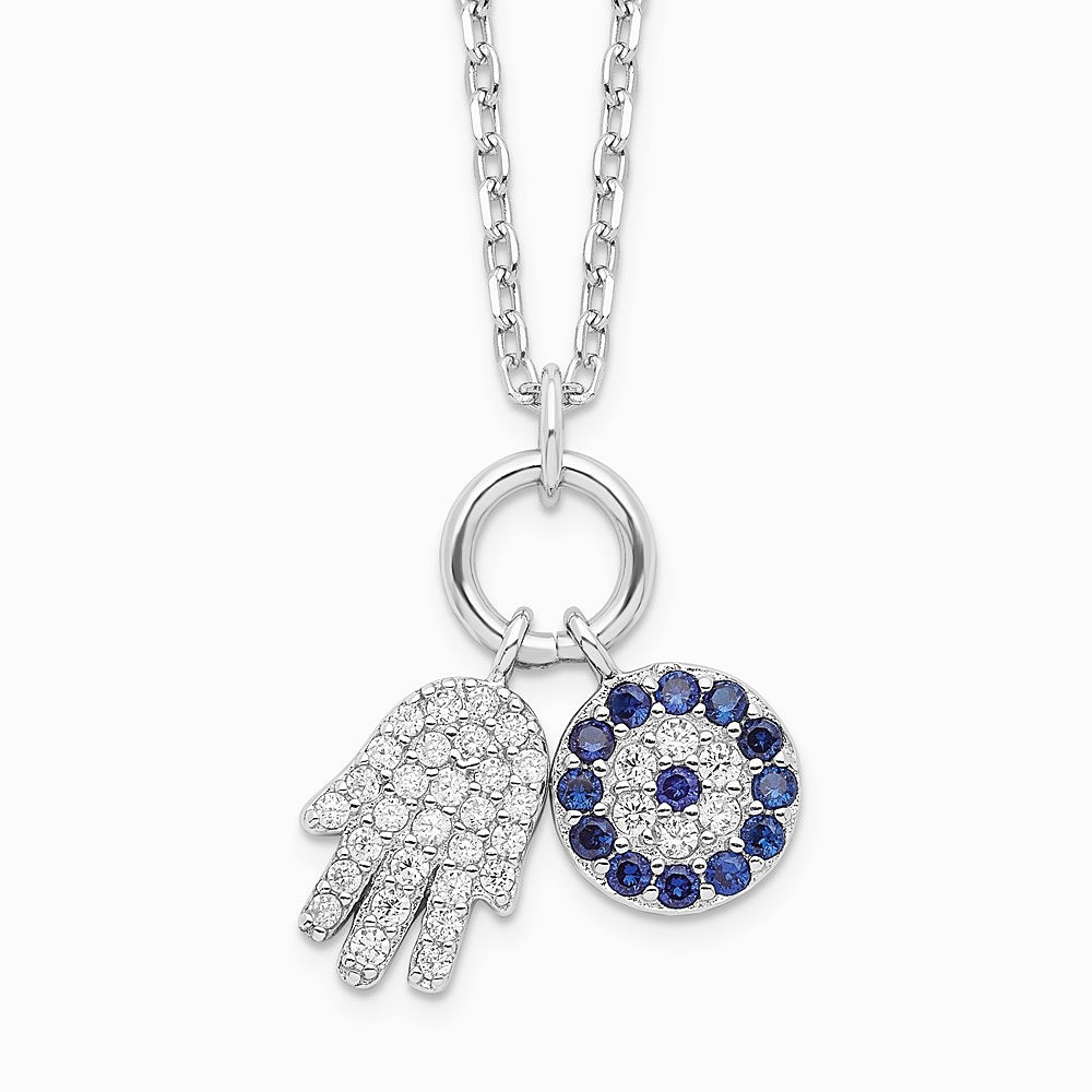 Sterling Silver Rhodium-plated CZ Eye and Hamsa Charm Necklace - Product Photo