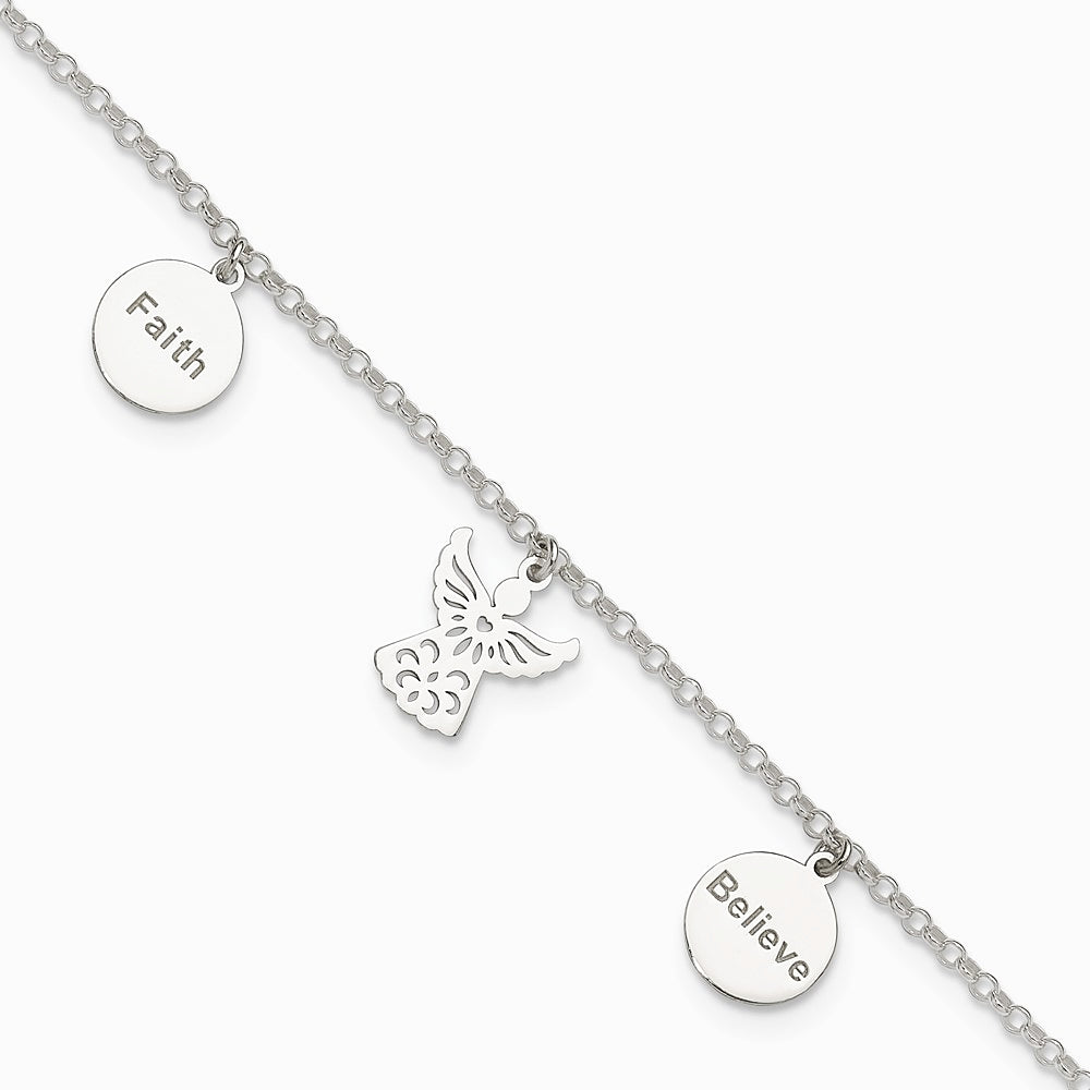 Sterling Silver Faith, Believe and Angel Dangles 9in Plus 1in Ext. Anklet