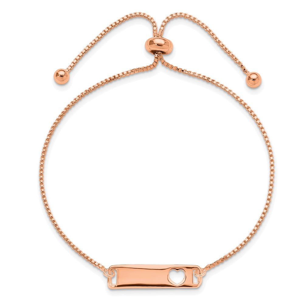 Sterling Silver Rose Gold-tone Polished Bar w/ Heart Adjustable Bracelet - Product Photo